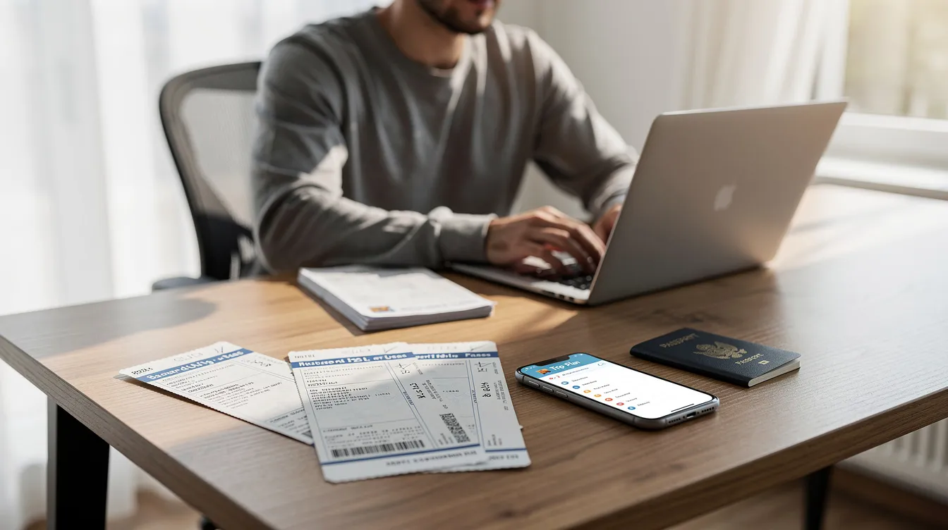 The image shows a person focused on their laptop at a desk, surrounded by travel documents and a passport, suggesting they are preparing for their student visa application to study in Australia. This scene reflects the journey of international students navigating the requirements of obtaining an Australian student visa.