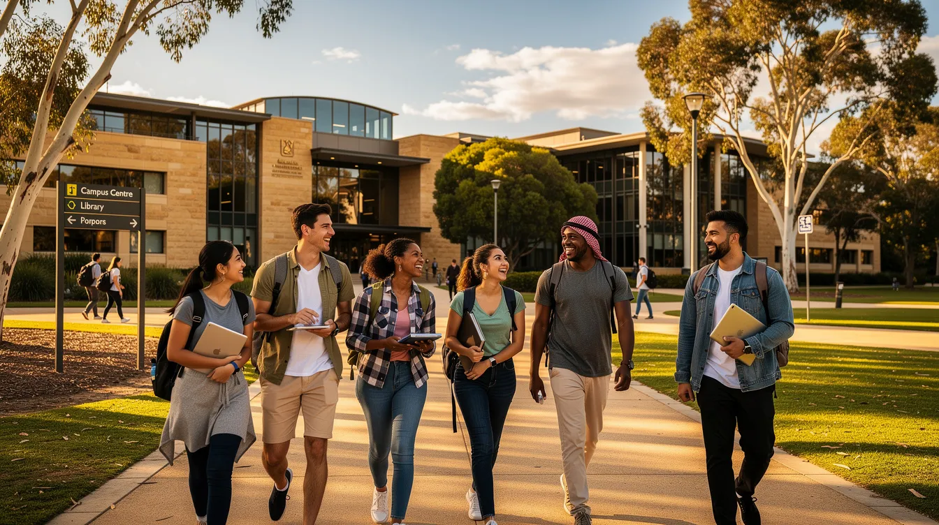 The image depicts a group of diverse international students joyfully walking together on a sunny Australian university campus, symbolizing the vibrant community of overseas students pursuing higher education in Australia. They are likely navigating their student visa application process while enjoying their educational journey.
