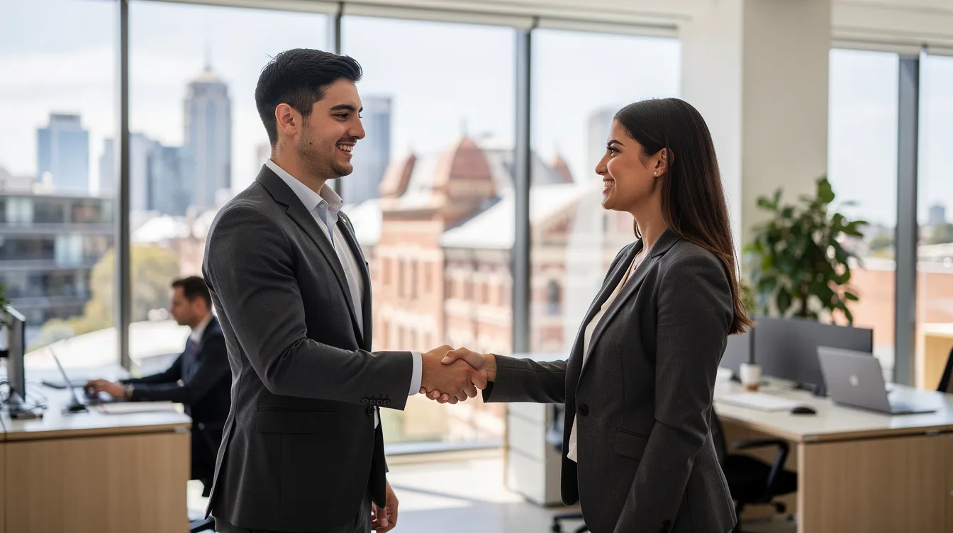 A young professional is shaking hands with a colleague in a sleek, modern Australian office, symbolizing collaboration and networking in the business world. This image reflects the professional environment that international students may aspire to enter after obtaining their Australian student visa for higher education.